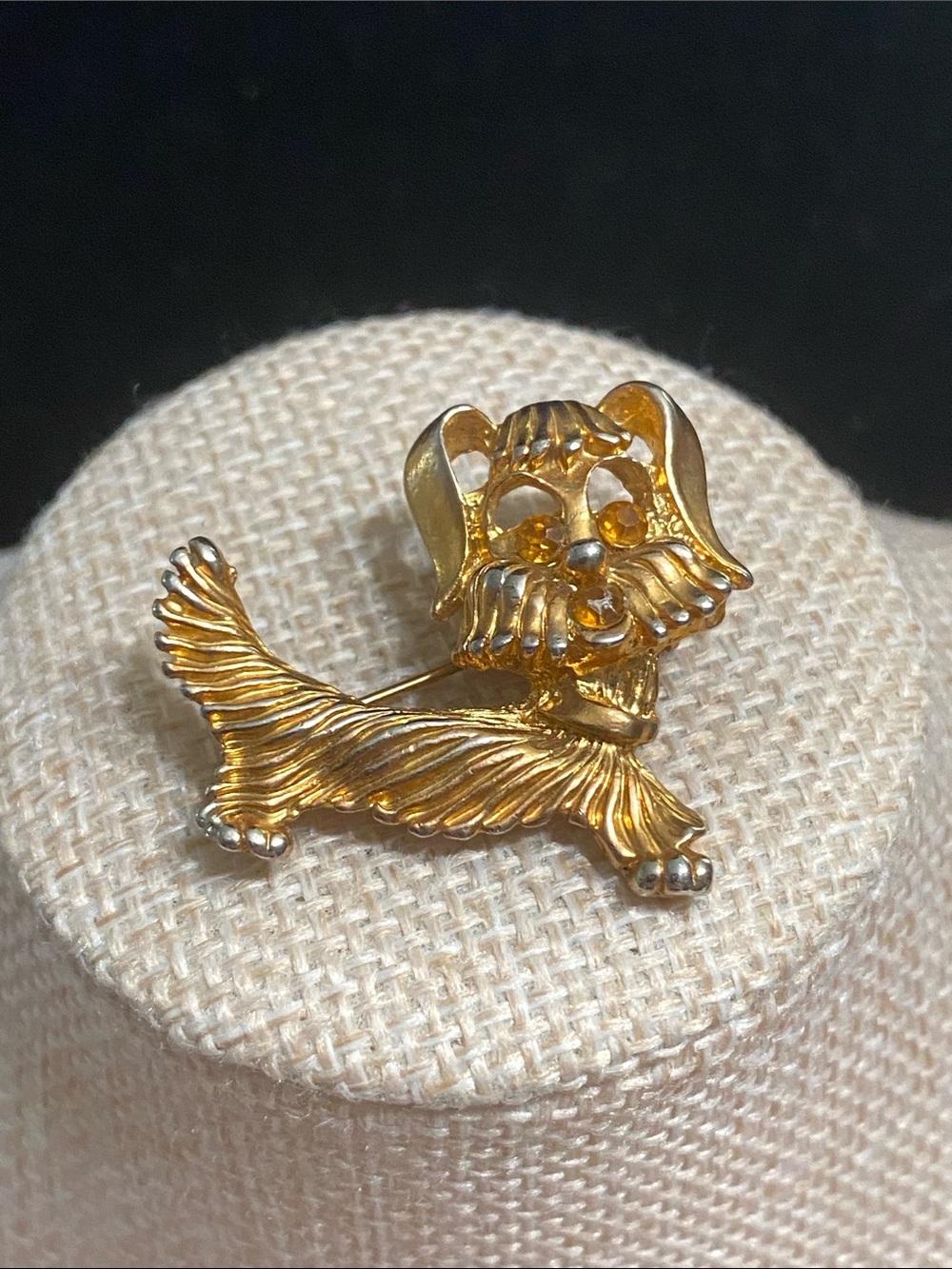Gold Tone Dog Brooch Orange Rhinestones